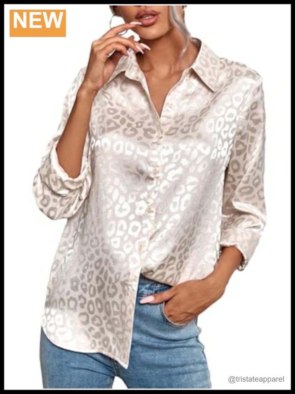 Elegant Long Sleeve Satin Button Down Shirt Blouse Leopard Jacquard